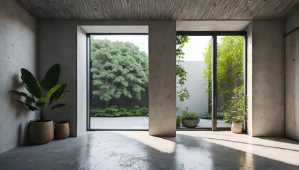 Modern contemporary loft empty room with open door to garden 3d render. The Room. has concrete floor, plants, panoramic window.