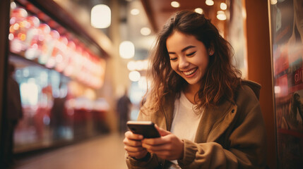 young smiling asian woman looking at her phone