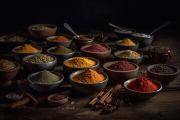 A set of various spices in bowls on a dark background. Generative AI.