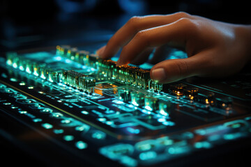 A hand hovering over a keyboard with binary code in the background, highlighting the role of coding in cybersecurity. Generative Ai.
