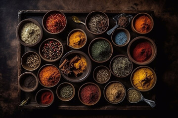 A set of various spices in bowls on a dark background. Generative AI.