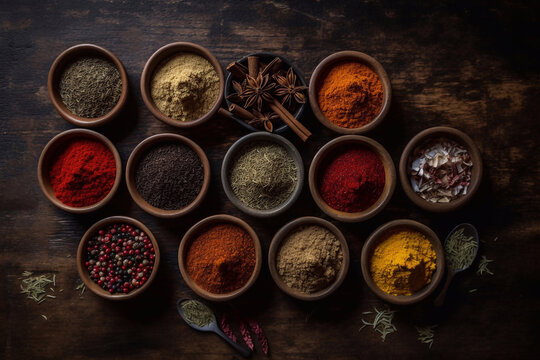 A set of various spices in bowls on a dark background. Generative AI. © Oksana
