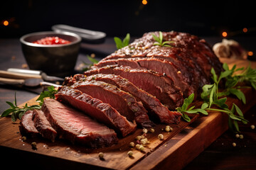Sizzling Delights: Grilled Roast Beef on Wooden Board