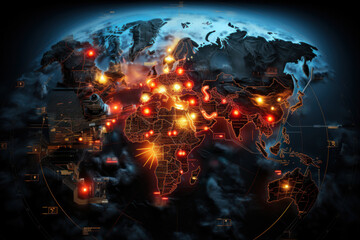 A global map with real-time cyber threat indicators, highlighting the scope of cyber risks. Generative Ai.