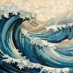 Ocean waves decay cubism rembrandt klimt galilee painting picture AI generated art - obrazy, fototapety, plakaty