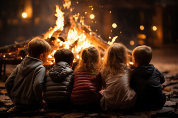 Children gathered around a fireplace, eagerly waiting for Santa Claus to arrive. Concept of the anticipation of Christmas. Generative Ai.