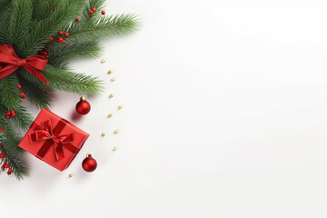 Christmas Flat Lay Background with Fir Tree Branch, Present Box, and Red Decorations - Created with Generative AI Tools