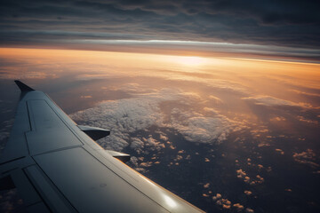 Fototapeta na wymiar A view from the window of an airplane. Flying over the ground, view over an abyss, flying . Beautiful scenic view of sunset through aircraft window. Image save-path for window airplane.