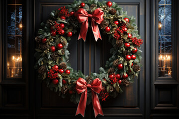 Fototapeta na wymiar A wreath made of fresh evergreen branches and adorned with red ribbons, hanging on a front door. Concept of holiday decorations. Generative Ai.
