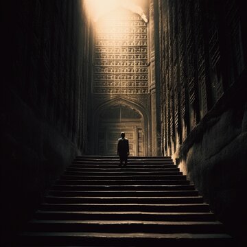 Old man walking stairs gates heaven clouds photography image AI generated art