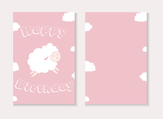Cute children's birthday card with lamb. Birthday cards. Happy birthday postcard. Vector illustration.