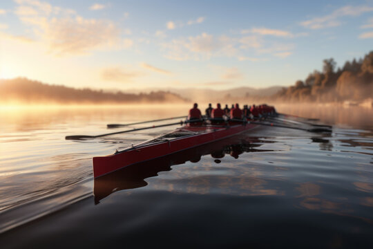 A rowing team gliding across a serene lake, showcasing teamwork and determination in competitive rowing. Generative Ai.