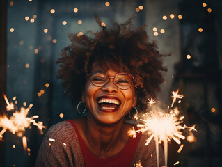 Portrait of happy senior black woman celebrating Christmas with sparklers - obrazy, fototapety, plakaty
