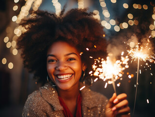 Portrait of smiling beautiful young black woman celebrating Christmas with sparklers - obrazy, fototapety, plakaty