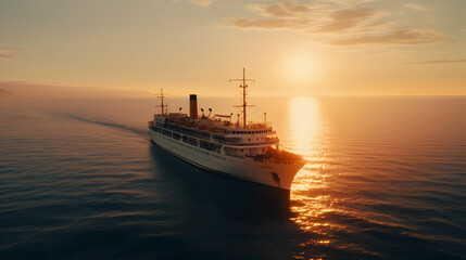 A cruise ship sails across the ocean during the golden hour