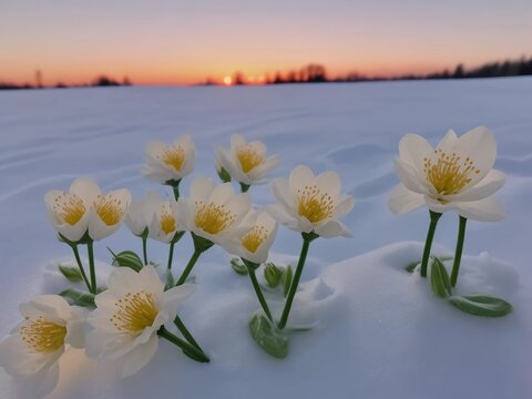 nature's spring awakening. the first flowers come out from under the snow and enjoy the sunshine