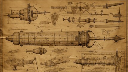Fototapeta premium Parchment with sketches medieval futuristic illustration picture AI generated art