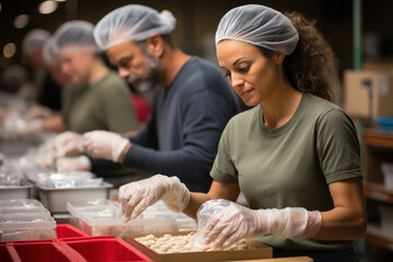 A group of volunteers packing food supplies for a hunger relief mission, highlighting efforts to...