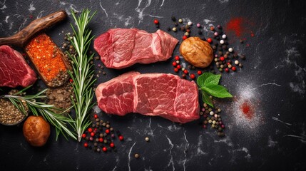 A set of juicy raw steaks, kebabs, cutlets and meat with spices and herbs. On a black stone background. Top view. generative ai