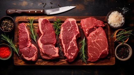 Variety of Raw Black Angus Prime meat steaks Machete, Blade on bone, Striploin, Rib eye, Tenderloin fillet mignon on wooden board. generative ai