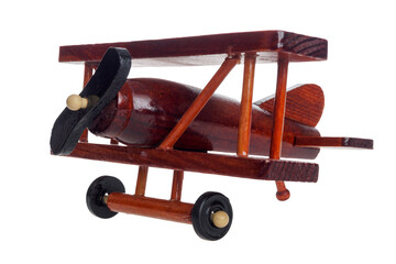 Wooden toy airplane for children's games, vintage retro style, isolated on white background