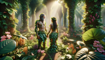 Adam and Eve in the garden of Eden - obrazy, fototapety, plakaty