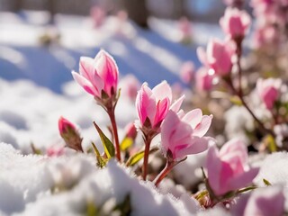 Obraz premium nature's spring awakening. the first flowers come out from under the snow and enjoy the sunshine