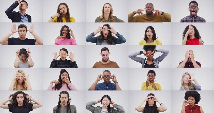 Funny, face expression or collage of people in studio isolated on white background. Portrait, silly facial composition and humor of group, comedy or joke, happy and community smile or fooling around