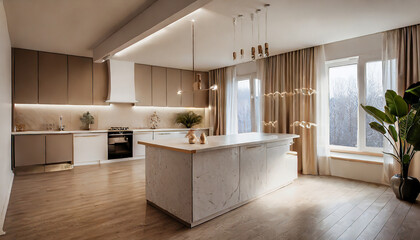 Fototapeta premium Modern interior design of apartment, kitchen, empty living room with beige wall, panorama.