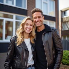 A young couple, aged around 30, stands before a Dutch modern apartment, wearing jackets and black jeans, their faces adorned with cheerful smiles and blonde hair.