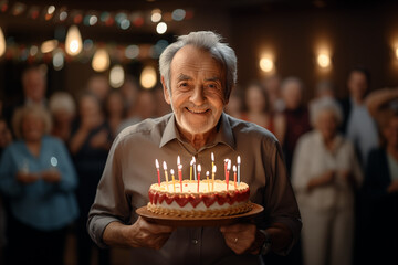 Elderly man joyfully holds a birthday cake with a crowd in the background. Celebrating with candles in a retirement village