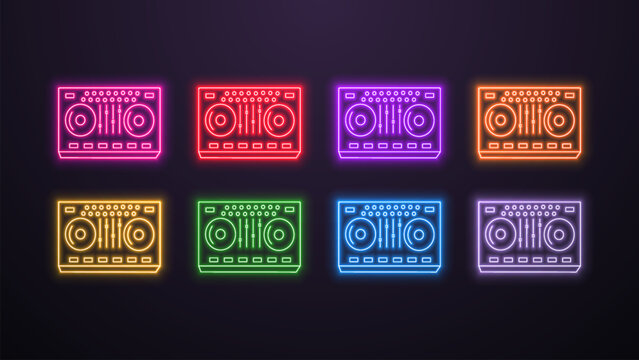 A set of neon bright shiny LED DJ console icons in different colors on a dark background. Logo on the theme music.