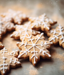 Christmas gingerbread cookies with icing on table