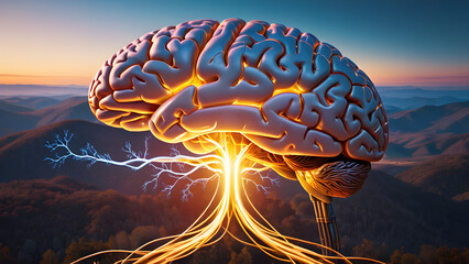 A ilustração de um cérebro humano conectado a uma rede neural artificial - obrazy, fototapety, plakaty