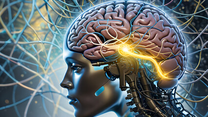 A ilustração poderia mostrar um cérebro humano conectado a uma rede neural artificial