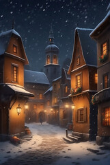 A deserted snow-covered street of a medieval town in the light of lanterns. It's snowing, warm cozy and fantasy atmosphere