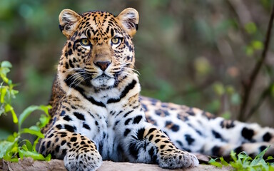 A close-up of a Leopard laying on a Rock  Generative AI.