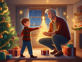 Father and son decorate the Christmas tree on a quiet, cozy winter evening