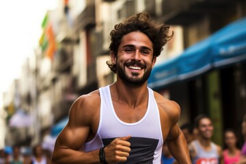 Latin male model participating in a marathon.