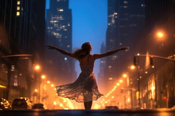 Fototapeta na wymiar Woman ecstatically dancing under city streetlights.