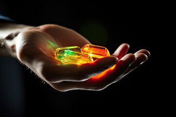 CBG Gummies. a person's hand holding an orange and green diamond in their palm, with the light shining through it