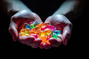 CBG Gummies. a person's hands holding small pieces of colored glass in their palms, with the light shining through them