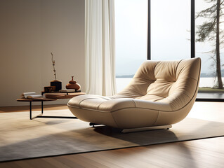 Interior design front view of modern interior in living room. Popularity style, minimalist style, cassina, italia style. Large couch with wide armrests