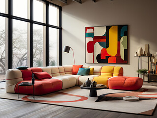 Interior design front view of modern interior in living room. Popularity style, minimalist style, cassina, italia style. Large couch with wide armrests