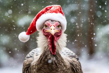 A festive winter turkey wearing a santa hat against a winter landscape - obrazy, fototapety, plakaty