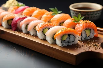 Fotobehang Japanese food restaurant, sushi maki gunkan roll plate or platter set © Liudmila