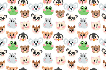 Seamless pattern with kawaii cute head, face animals on white isolated background. Kawaii cutie zoo, wild animals vector illustration. Cheerful design for kids clothes, nursery, print and fabric