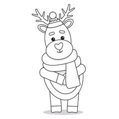 Cute doodle kawaii christmas live stroke, coloring deer with scarf for kids. Full length deer outline vector illustration