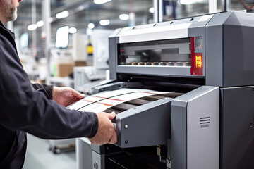 a man working on a large printer machine in a printing room with other machines behind him and his son are looking at the camera