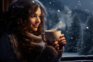Woman enjoying a steaming cup of hot cocoa with a winter landscape. - obrazy, fototapety, plakaty